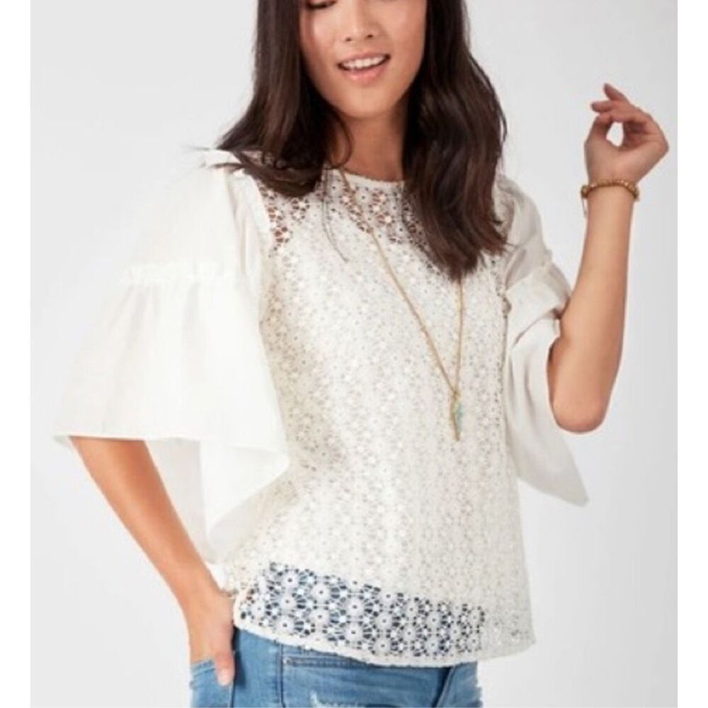 NWT Stella & Dot White Eyelet Lace Ruffle Overlay Bell Sleeves Blouse Size XL